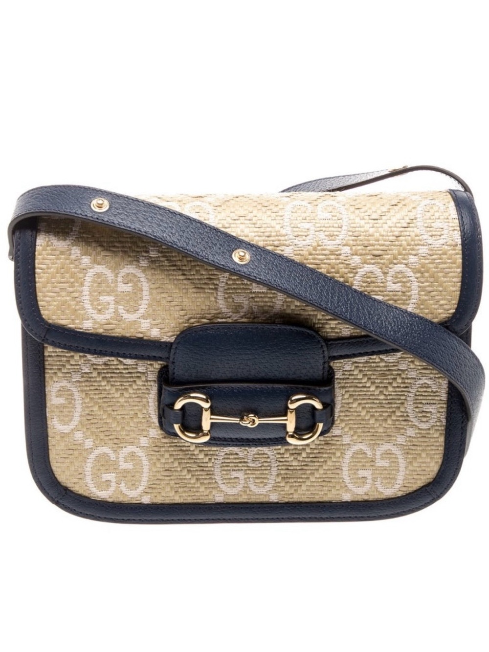 Gucci rattan GG logo  horsebit Crossbody with Navy Leather Trim